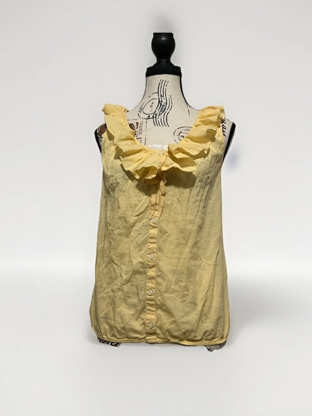 Loft Brand Women’s Yellow Sleeveless Blouse Ruffled Neckline Button Front Top XS